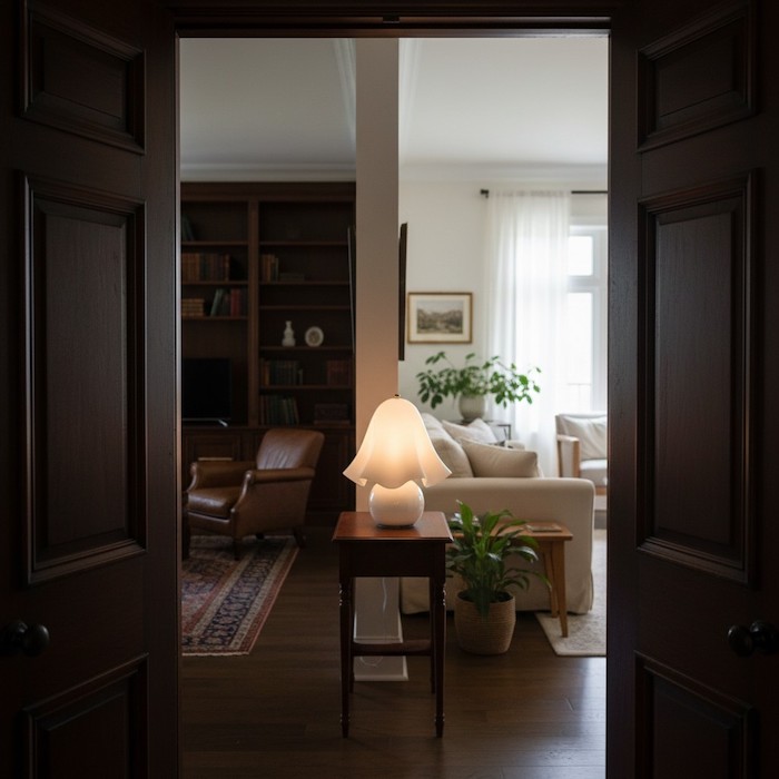 The Elia glass lamp acting as a visual bridge between different room styles.