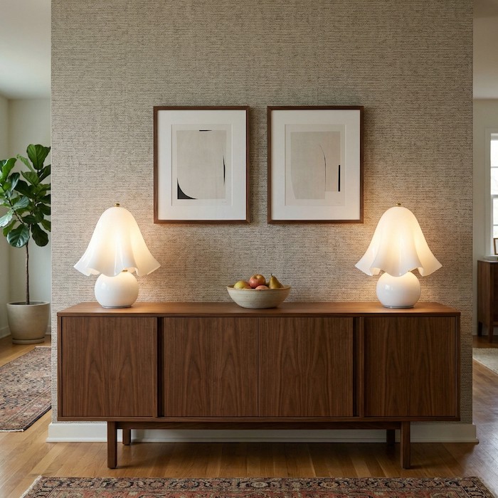 Symmetrical placement of two Elia glass lamps on a dining room sideboard.