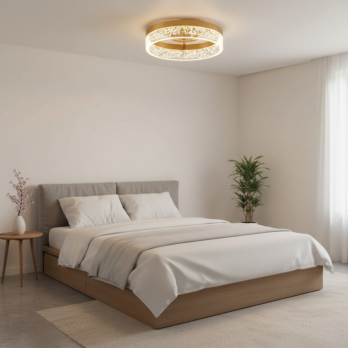 Small bedroom looking airy with round ceiling light.