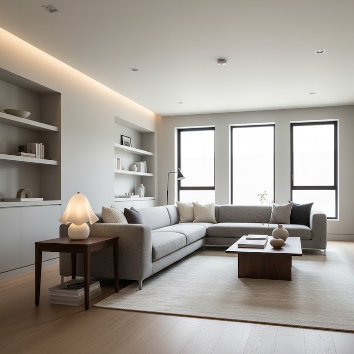 The organic floral shape of the Elia lamp providing contrast in a minimalist living room.