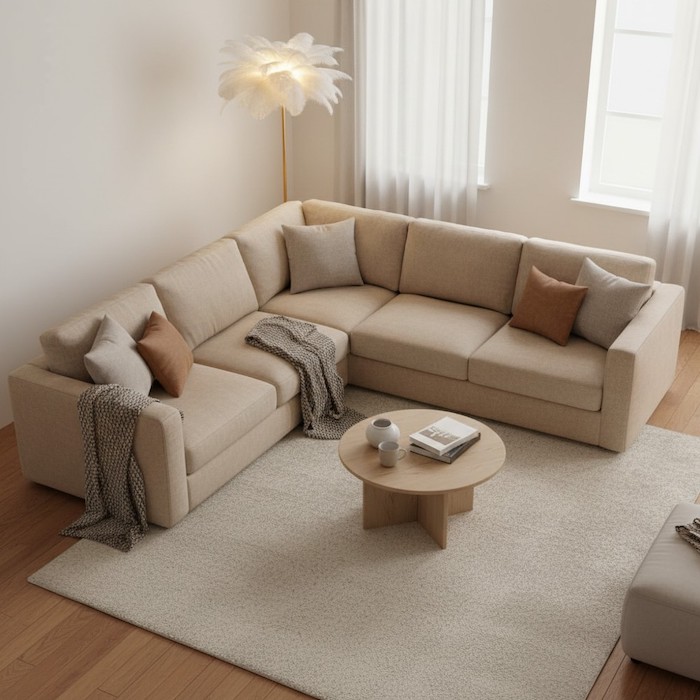 A tall floor lamp providing light to the corner of an L-shaped sectional sofa.