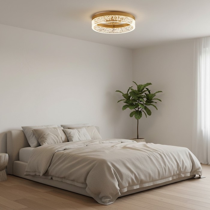 Soft minimalist bedroom lighting with round fixture.