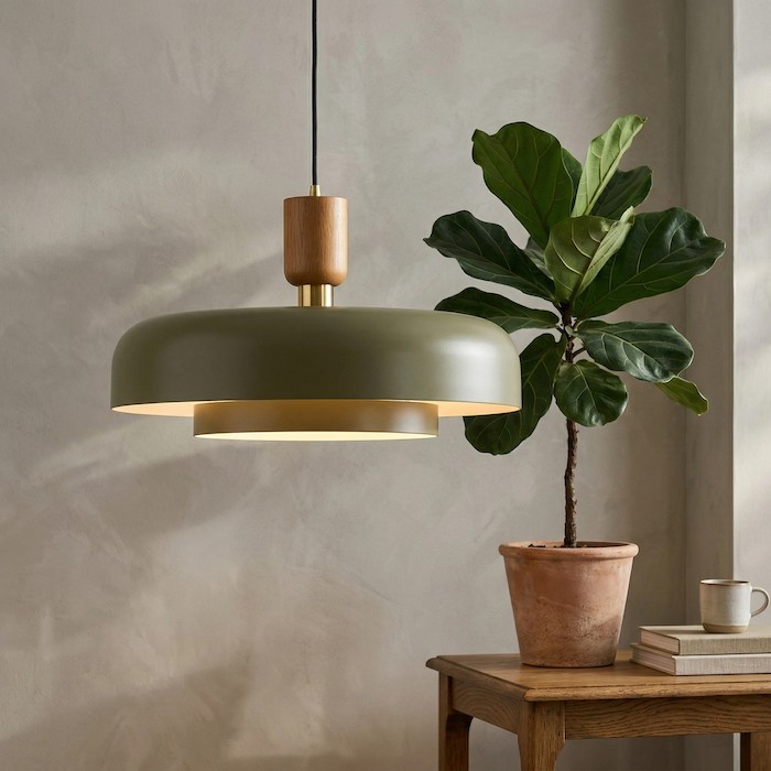Natural wood and metal details of a modern pendant lamp.