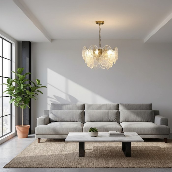 An organic wave chandelier balancing the sharp lines of a modern living room.