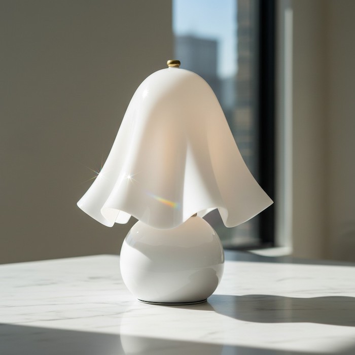 Close-up of the thick, hand-blown glass petals of the Elia lamp in daylight.