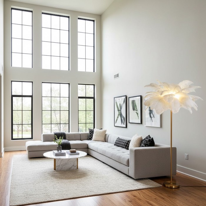 Using a tall floor lamp to emphasize vertical height in a large room.