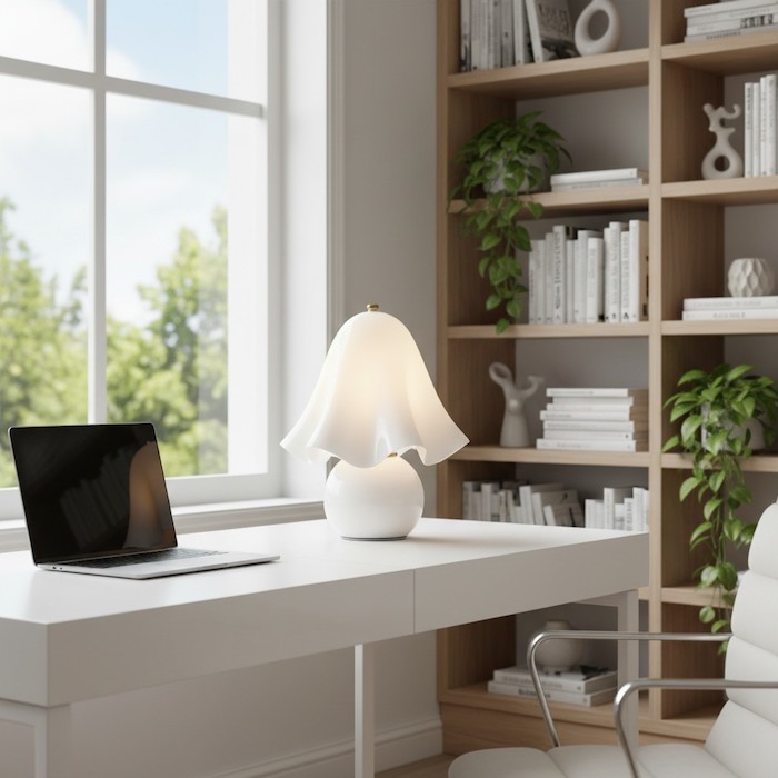 Elia sculptural lamp used as decorative lighting in a bright home office.