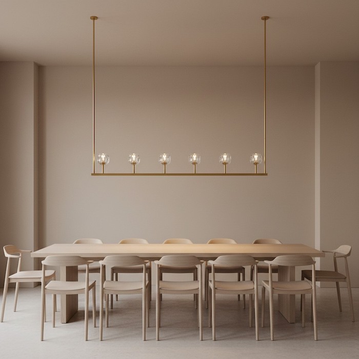 Symmetrical view of a linear chandelier perfectly proportioned to a long rectangular table.