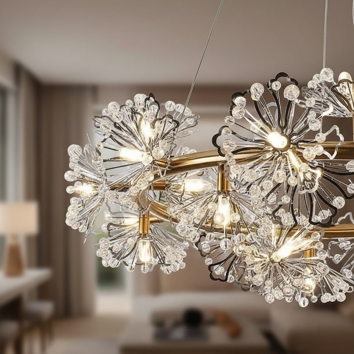 Galvanized metal finish on a modern crystal light fixture.