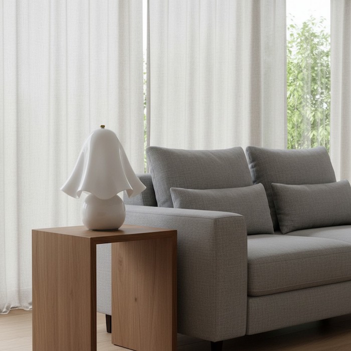 The Elia sculptural glass lamp integrated into a modern living room design.