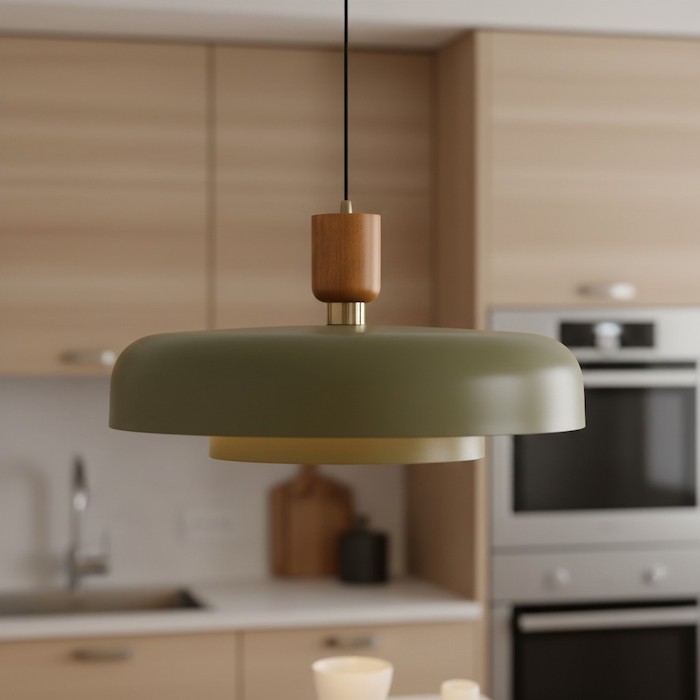 Close-up of the metal and wood materials on a Dixon-style modern pendant light.