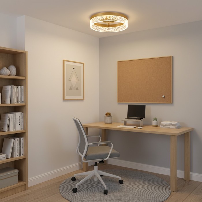 Corner office nook with even ceiling illumination.
