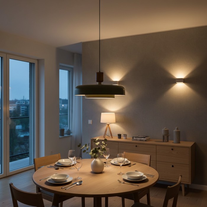 Layered lighting in a modern dining room featuring a central pendant and accent lights.