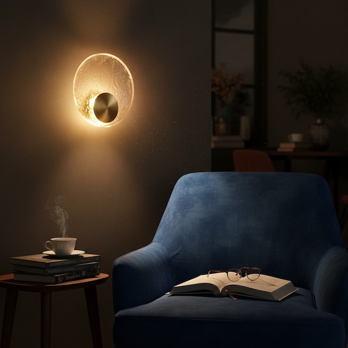 Warm accent lighting from a crystal wall lamp creating a cozy atmosphere in a living room.