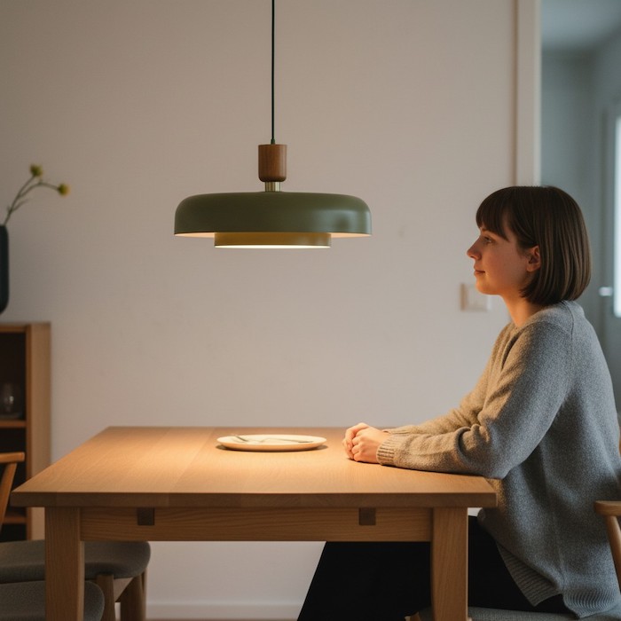 Side view showing the correct hanging height for a dining room pendant.