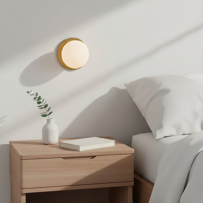 Minimalist nightstand with space saved by a wall-mounted glass sconce.