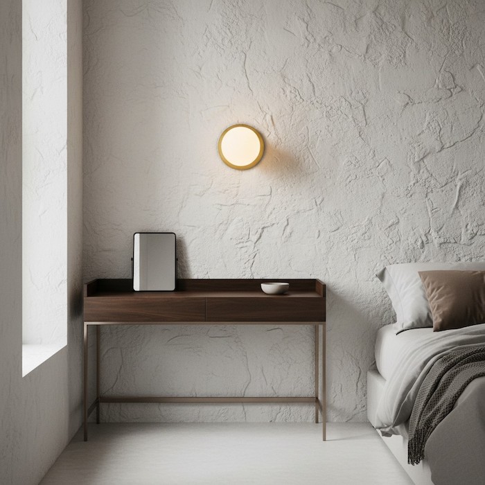 Soft round globe wall light contrasting with modern bedroom furniture.