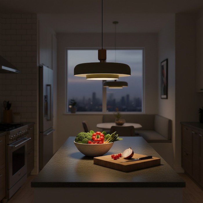 The downward task lighting effect of a drum pendant light on a kitchen island.
