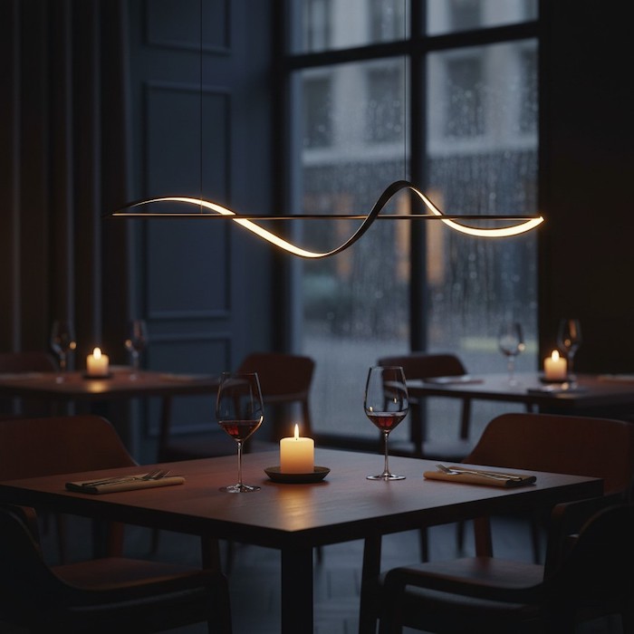 Warm ambient atmosphere created by a dimmed linear island chandelier.