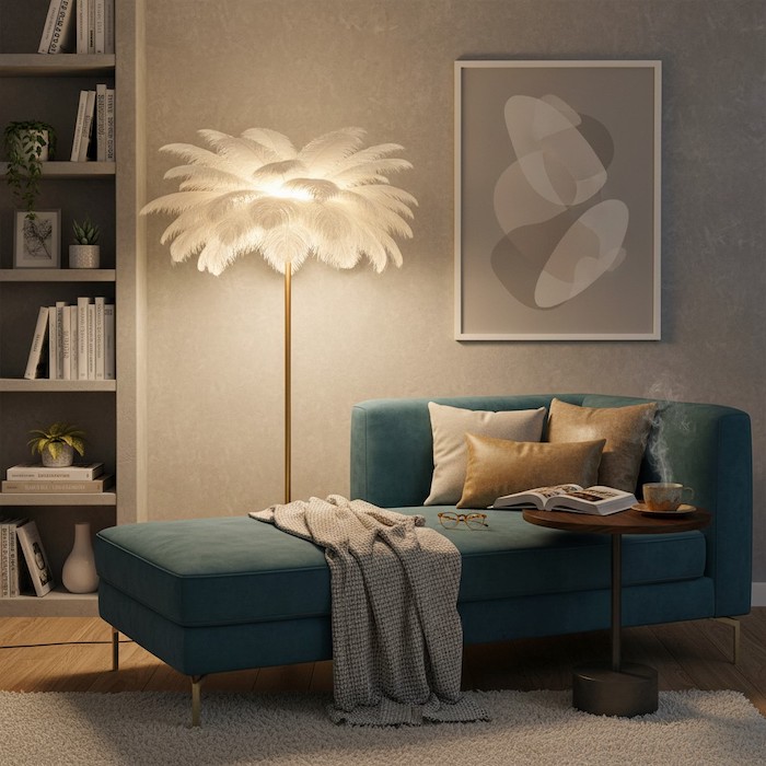 A cozy bedroom reading nook illuminated by a modern floor lamp.