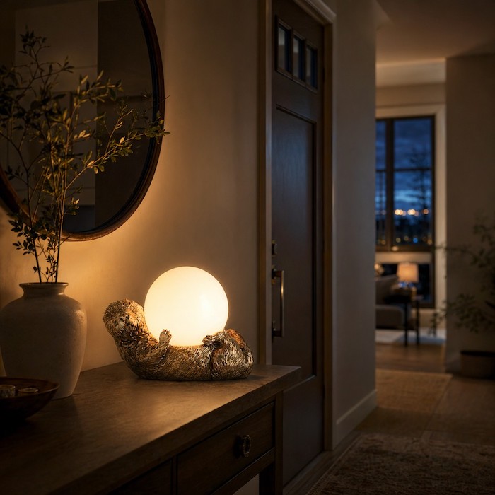 Warm ambient light from a frosted globe lamp creating a cozy evening atmosphere.