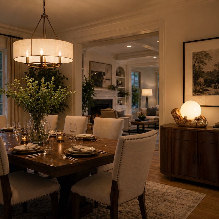 Layered lighting design in an open-concept living and dining area.