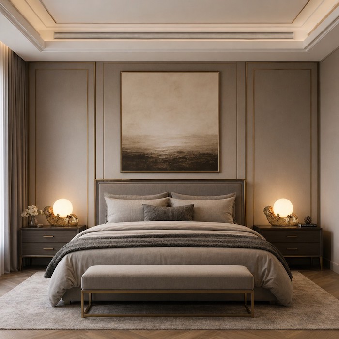 Symmetrical bedroom lighting using gold decorative lamps for a hotel-inspired look.