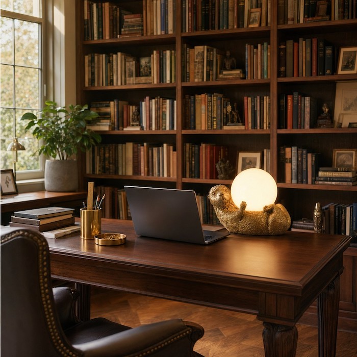 Whimsical gold otter lamp adding personality to a professional home study.