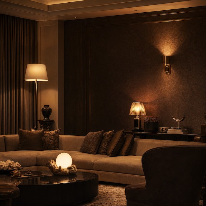 Dramatic shadow play in a luxury living room created by accent lighting.