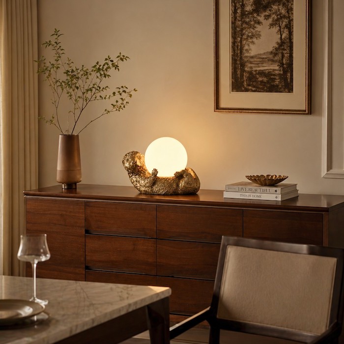 Soft, even glow from a frosted glass globe lamp on a polished dining room sideboard.
