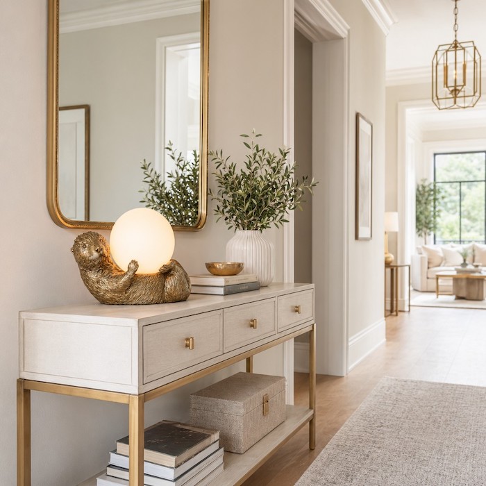 Harmonizing gold accents in a hallway with a vintage-style table lamp.