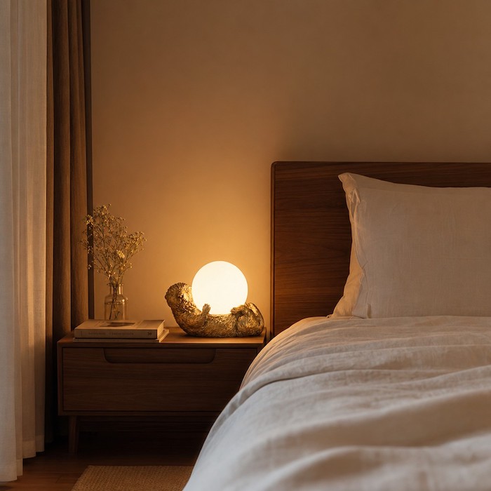 Soft diffused lighting from a frosted glass globe lamp in a cozy bedroom setting.