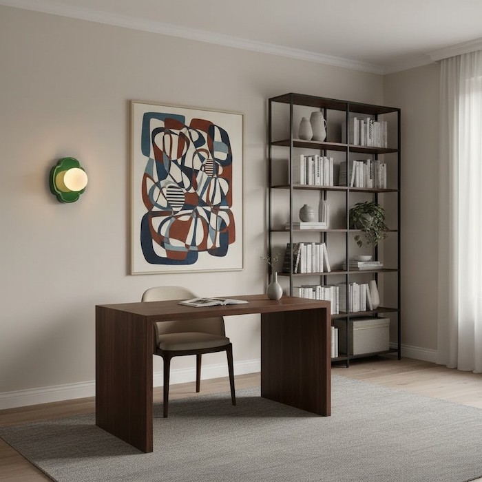 A spherical ceramic wall lamp providing geometric balance in a modern home office.