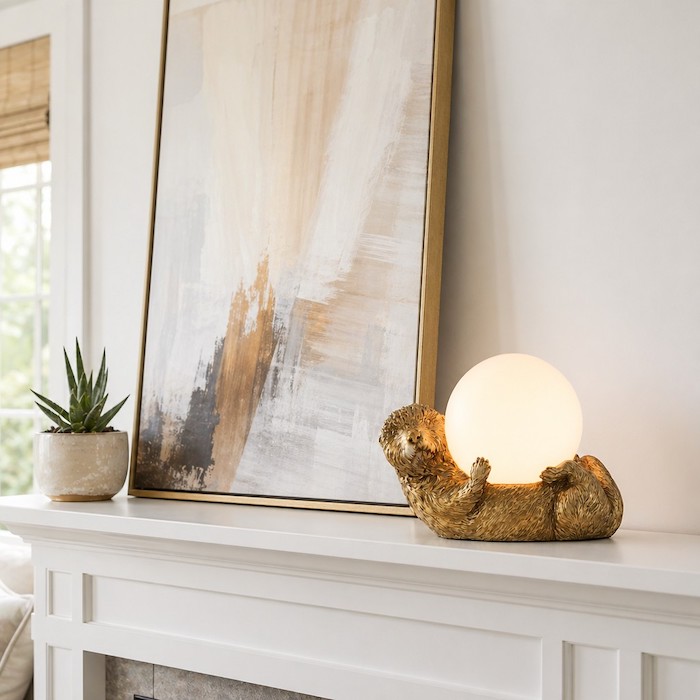Gold accent lamp used as decorative jewelry for a living room credenza.