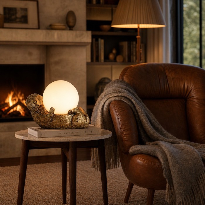 Artistic reading nook featuring a leather chair and a decorative vintage gold lamp.