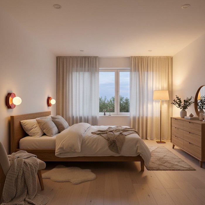 A realistic example of layered lighting in a bedroom including ambient, task, and accent sources.