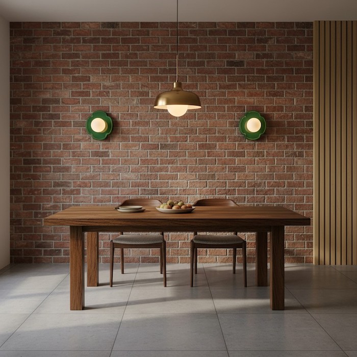 A dining room featuring layered lighting with wall sconces and a central pendant lamp.