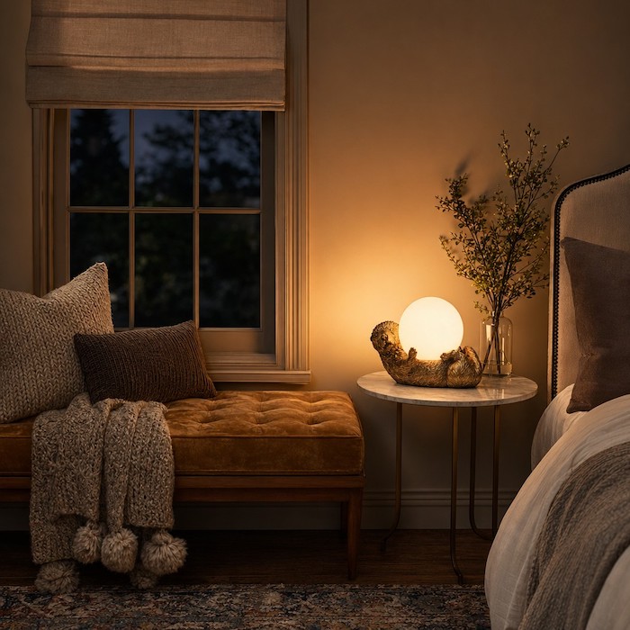 A cozy and artistic corner vignette created by a single gold decorative lamp.