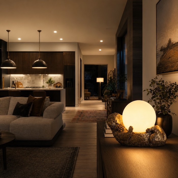 Demonstrating visual hierarchy in home design through layered lighting at different heights.