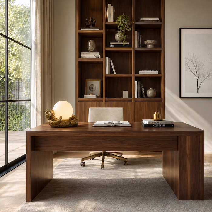 Modern home office showing the contrast between linear furniture and a round globe lamp.