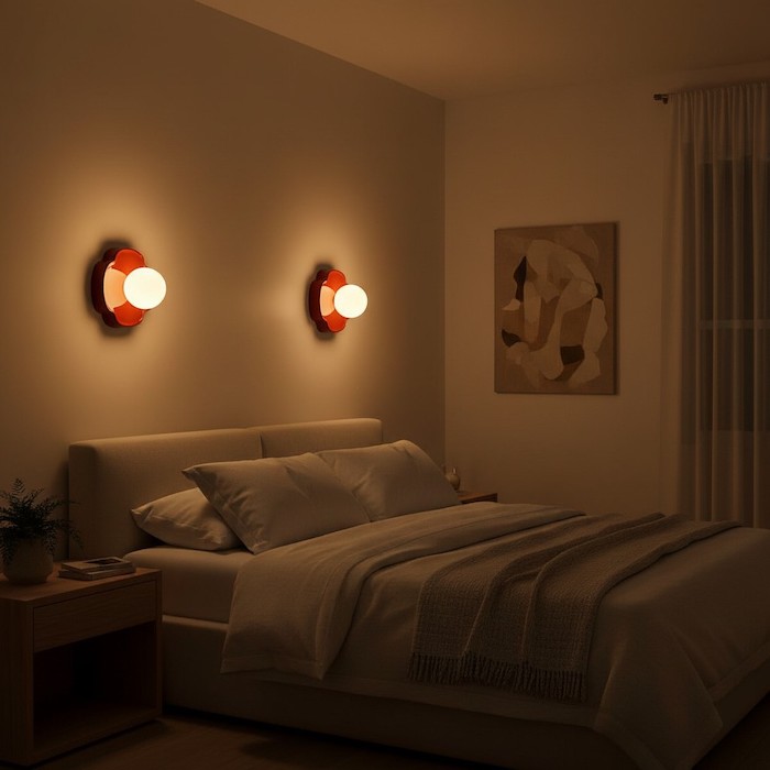 A wall-mounted ceramic orb lamp providing practical lighting for a bedroom dressing area.