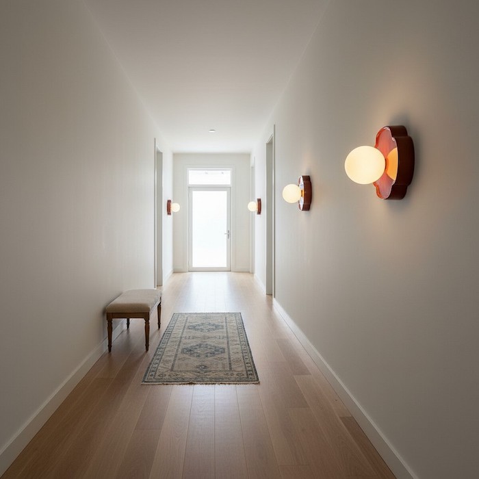 Modern hallway design featuring a sequence of ceramic orb wall lamps for safe passage.