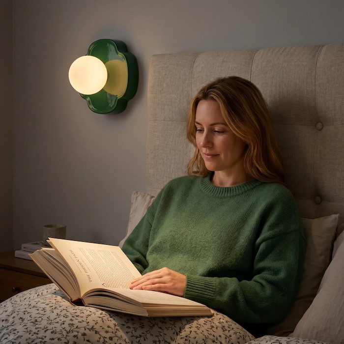 A person reading in bed comfortably using the focused light from a wall-mounted ceramic lamp.