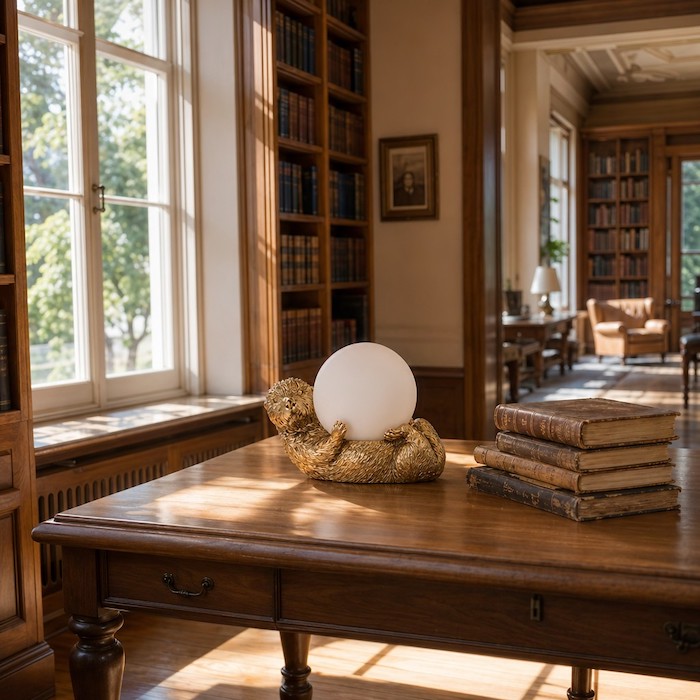 The gold otter table lamp acting as a sculptural focal point in a bright home library.