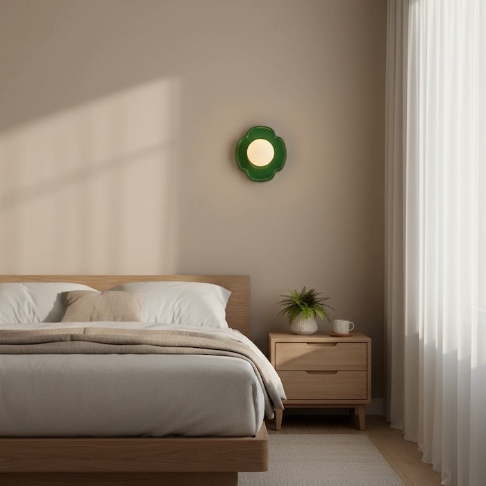A ceramic orb wall lamp serving as a geometric decor piece in a bright morning bedroom.