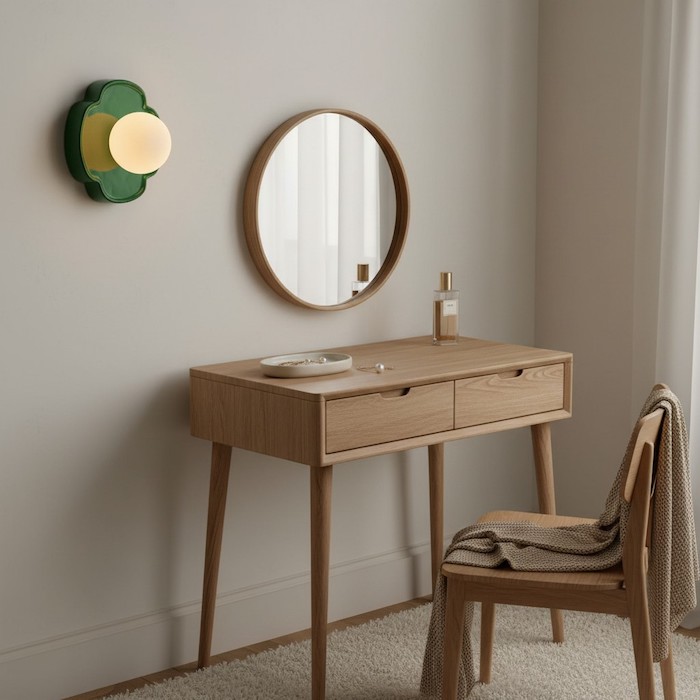 A wall-mounted ceramic orb lamp providing practical lighting for a bedroom dressing area.