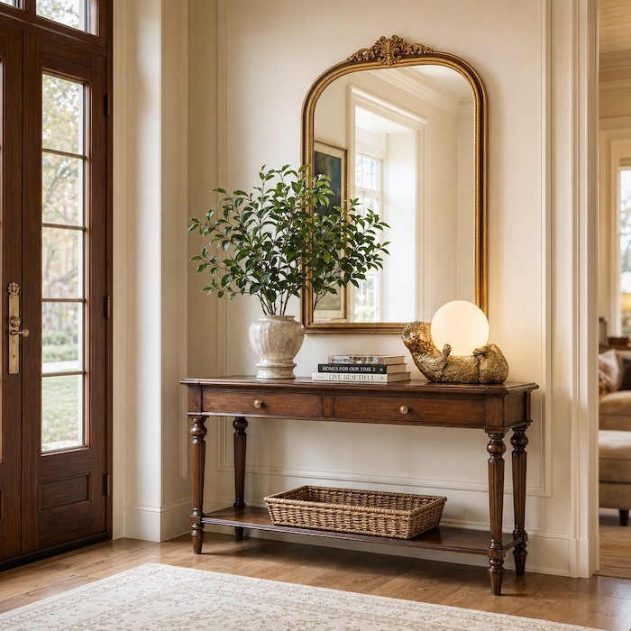 Entryway console table styled with a gold otter lamp and decorative art books.