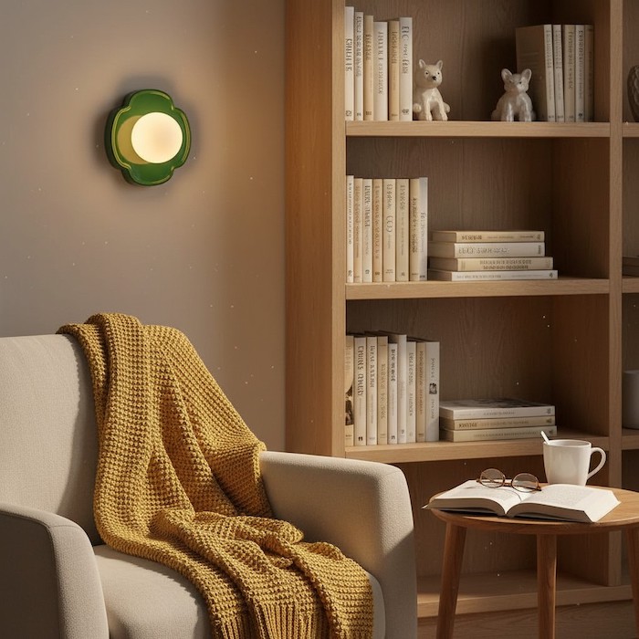 A cozy reading nook lifestyle scene illuminated by a warm ceramic wall light.