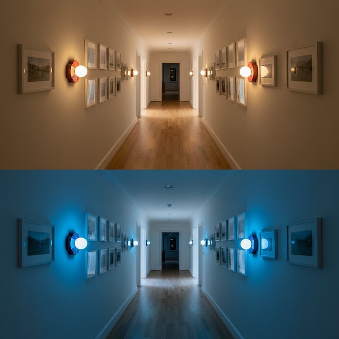 Side-by-side comparison of warm 2700K light and cool 5000K light in a residential hallway.