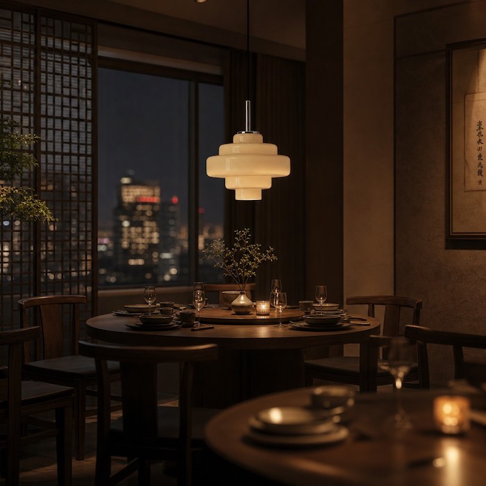 Intimate evening atmosphere created by a tiered glass light.